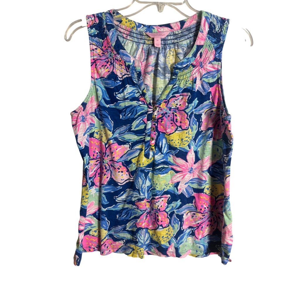 Lilly Pulitzer Essie Tank Nauti Navy Capri Soleil Tropical Print Medium Cotton